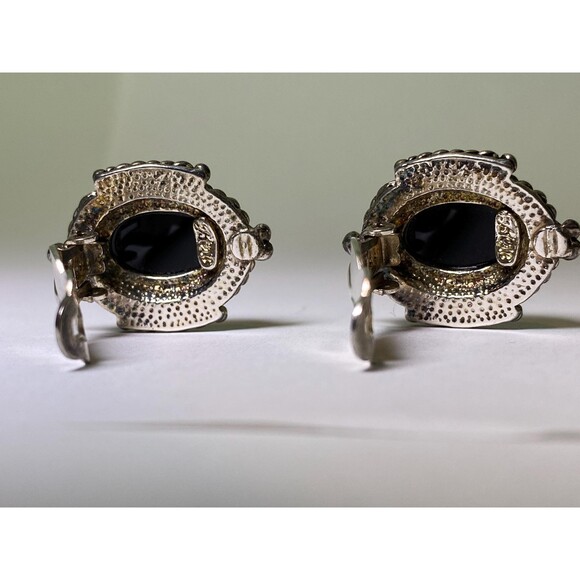 Vintage Black Faceted Stone & Silver-Tone Clip-On Earrings Signed "Best" - Picture 6 of 8